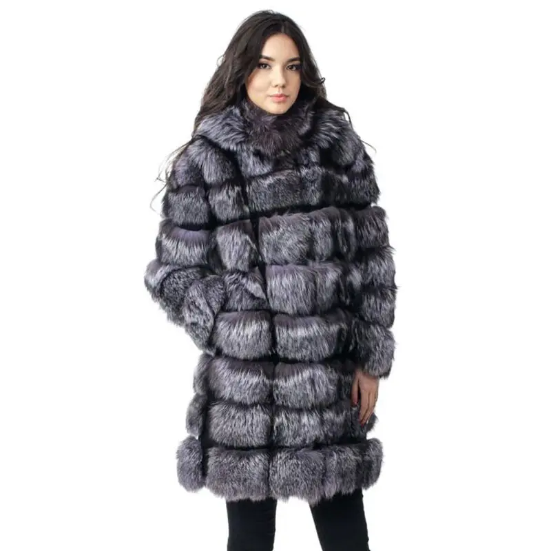 90cm Long Natural Real Silver Fox Fur Coats Outerwear Women Jackets With Hood Winter New Warm  Plus Size S - 8XL  For Female 