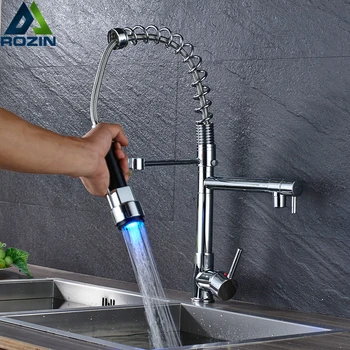 

Chrome Pull Down Spray Kitchen Sink Faucet Dual Rotate Spout Kitchen Mixers LED Light Single Handle Hot Cold Water Tap