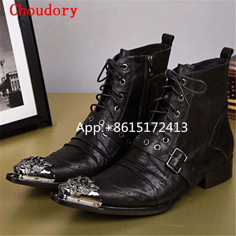 solid pointed toe low heel biker boots