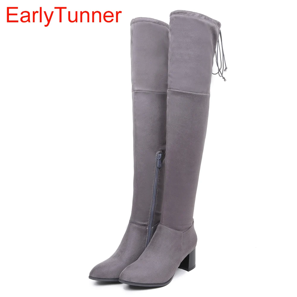 

Brand New Sexy Women Nude Thigh High Boots Red Gray Lady Over the Knee Riding Shoes Chunky Heel ETF1 Plus Big size 32 46 10
