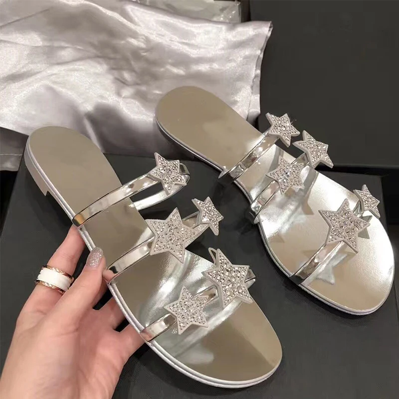 

Sandals women New Arrival Star Shoes Outside Slipper Summer Gold Silver Black Crystal Three Straps Beach Slides Shoes Women