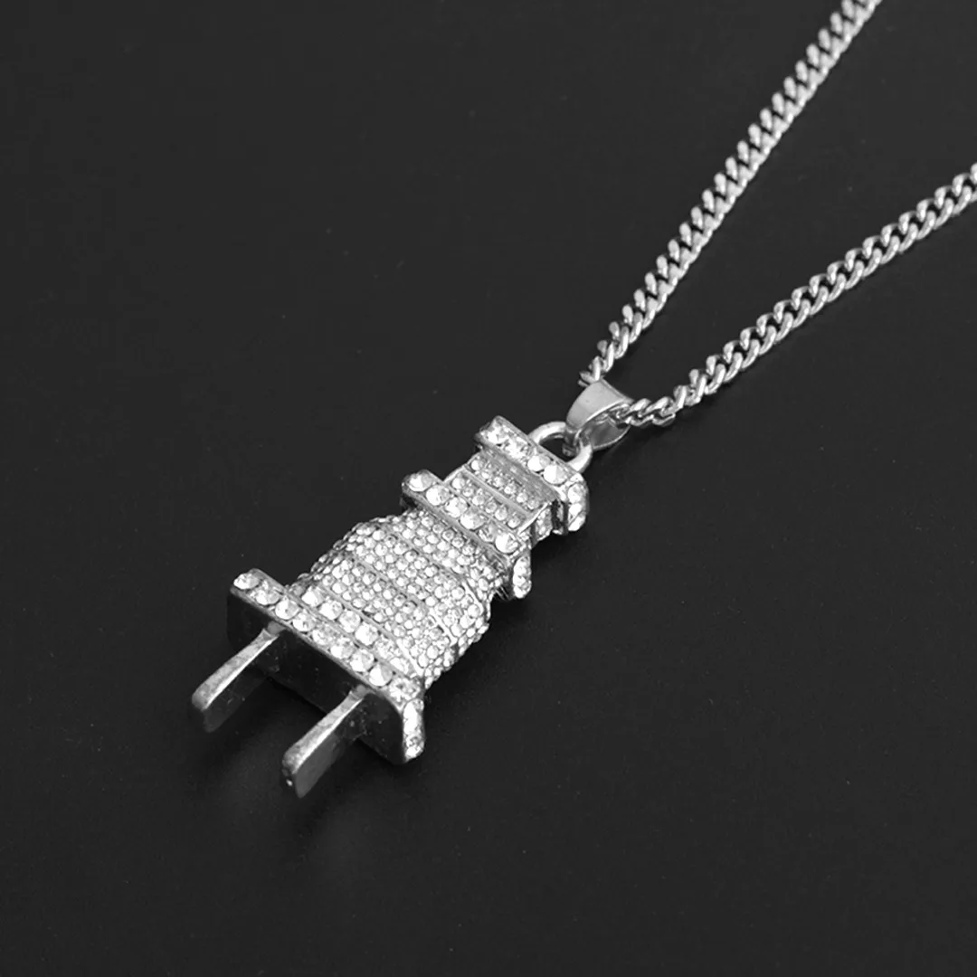 Shellhard Silver Gold Plug Shape Pendant Necklace Men Women Hip Hop Charm Chain collares Iced Out Crystal Jewelry