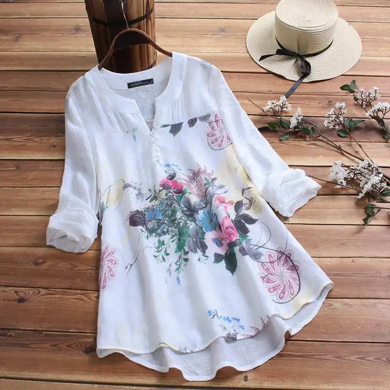 ZANZEA Elegant Printed Shirt Women's Autumn Blouse Vintage Floral Casual Blusas Female Long Sleeve Shirts Plus Size Blusas