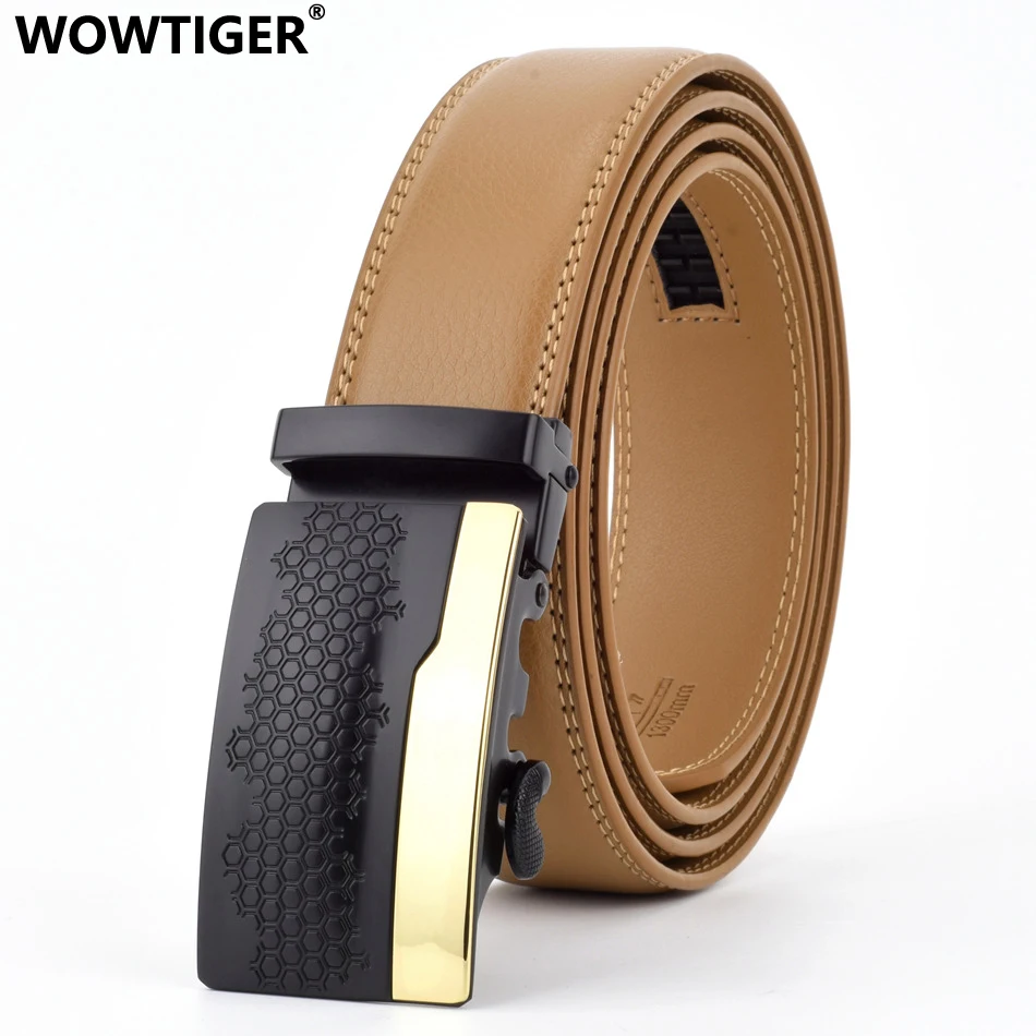 

WOWTIGER Automatic Buckle cow genuine Leather Sliding Buckle luxury Men Belt Light Brown 3.5cm Male Belts for Men Ceinture Homme
