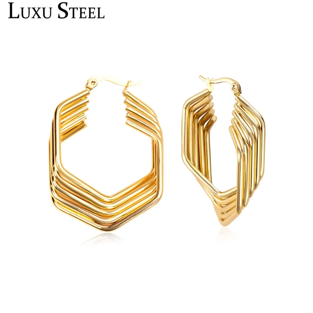 

LUXUSTEEL Trendy Gold Color Hoop Earrings Female Party Stainless Steel Fashion Geometric Earring 2019 Piercing Ear Jewelry