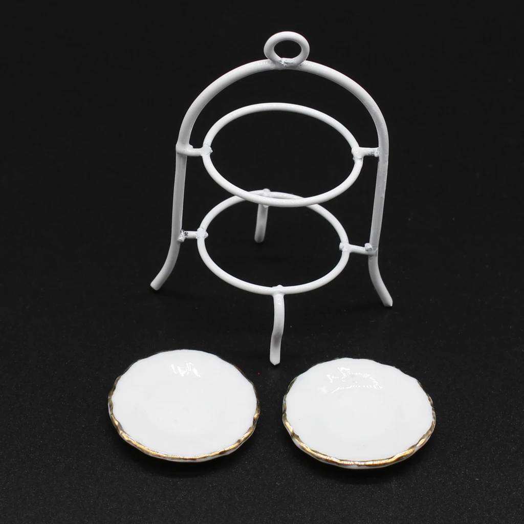 Miniature Alloy Food Stand Holder With Porcelain Plate and Cream Cup Cake Kits For 1/12 Dollhouse Dining Room Life Scene Decor