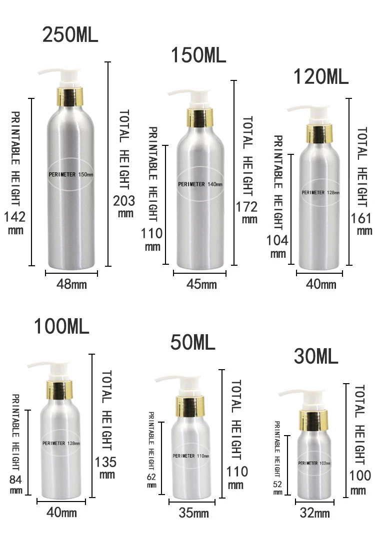 1 шт. 30 мл-500 мл алюминиевая бутылка, косметический дозатор для лосьона для рук, 24/410 Блестящий Золотой Алюминиевый дозатор для лосьона для шампуня