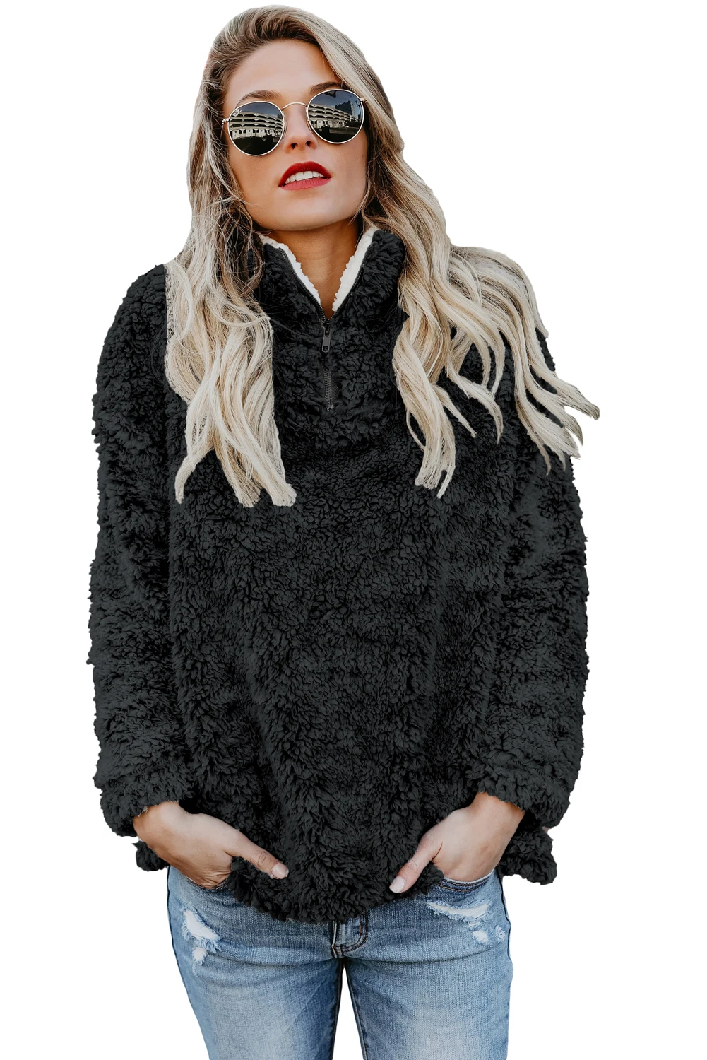 Black-Zipper-Fleece-Pullover-Coat-LC85154-2-1