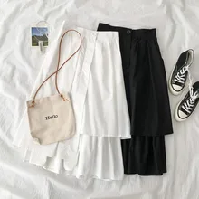 PEONFLY корейский стиль асимметричные юбки женские элегантные черные белые однотонные юбки с высокой талией трапециевидные Юбки миди на пуговицах Femme