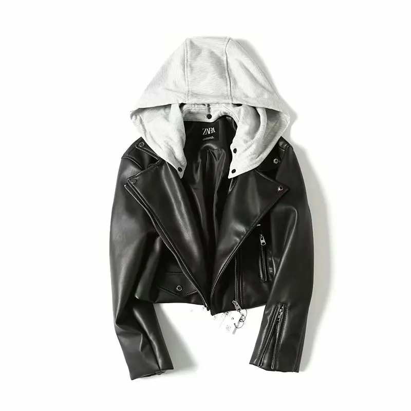 

2019 Spring New Short Faux Soft Hooded Leather Jacket Women Fashion Zipper Motorcycle PU Leather Jacket Ladies Basic Street Coat