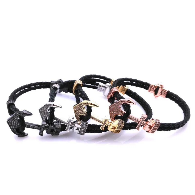 

2019 Hot Sale! Black Anchor Bracelet Man Bracelet Leather Women Jewelry Micro-zircon Anchor Genuine Leather Bracelet