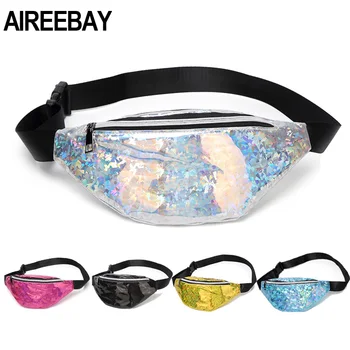 

AIREEBAY Sequins Holographic Fanny Pack Sliver Waist Pack Women's Laser Chest Waist Bag Women Travel Belt Bag