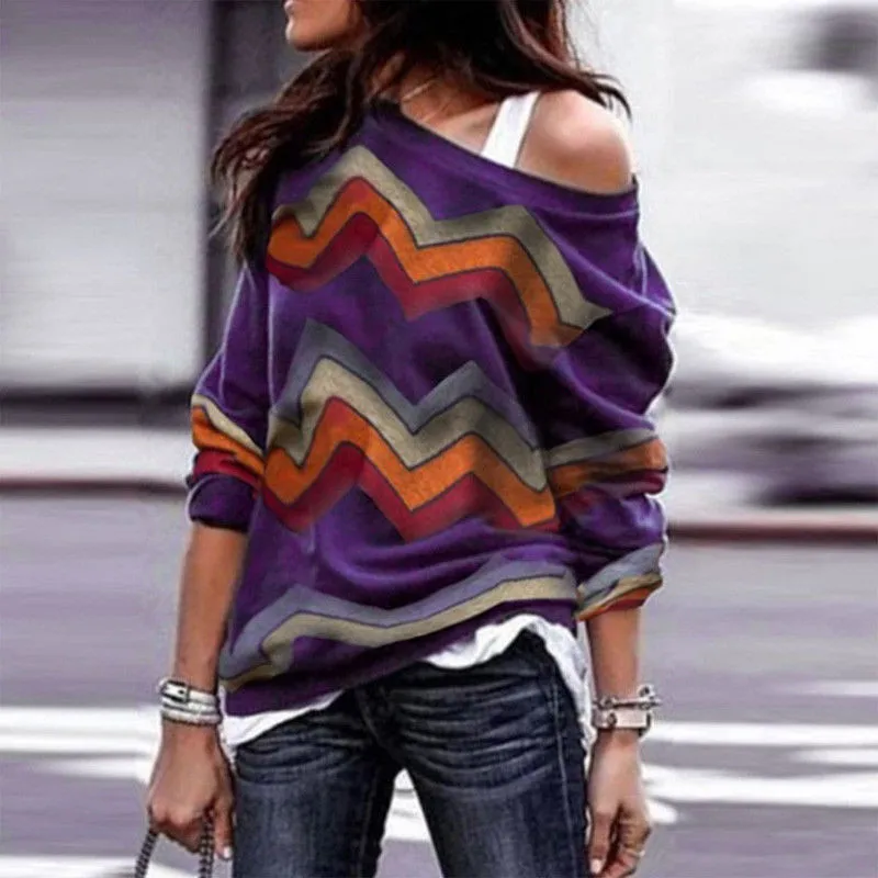 Женские толстовки с капюшоном на одно плечо размера плюс, повседневные полосатые пуловеры с длинными рукавами, осенние свободные женские топы - Цвет: Фиолетовый