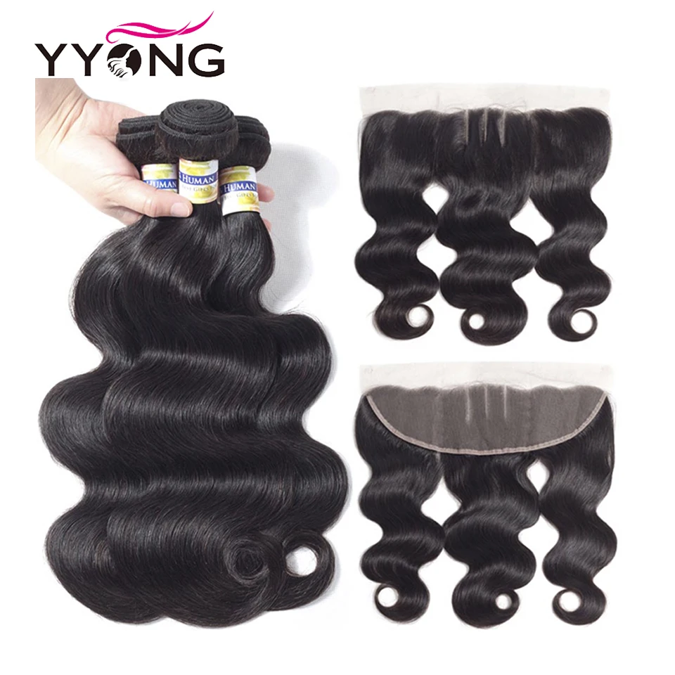Yyong Hair 3 Bundles Brazilian Body Wave With Frontal Non Remy Human Hair Bundles With 13X4 Ear To Ear Lace Frontal