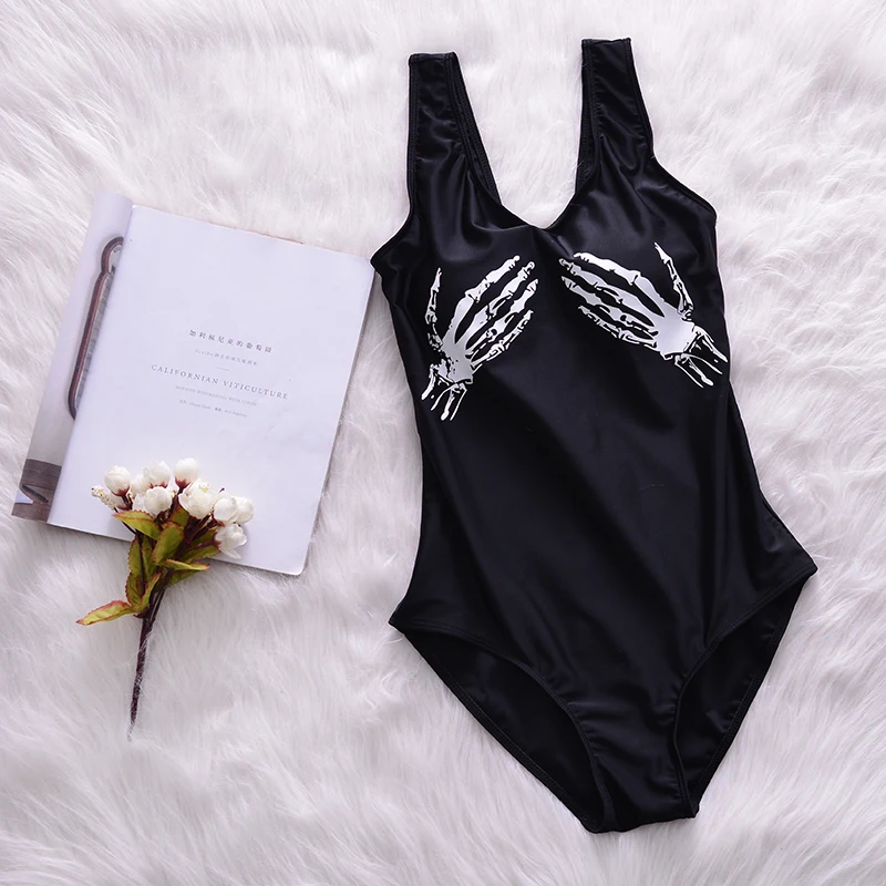 

Skull Hand Print Summer Sexy Bandage Black One Pieces Swimwear Women Sport Swimsuit Hot Girls Beach Wear Pool Bathing Suit