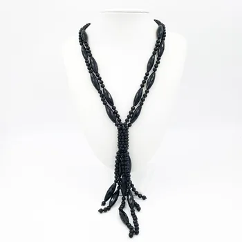

Lii Ji Natural Stone Black Agate Handmade Knitting Tassel Necklace Approx 54cm
