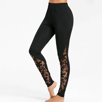 

Black Sexy Elegant Floral Lace Insert Skinny Leggings Summer Plus Size Women Pants Going Out Trousers High Waist Legging Push Up