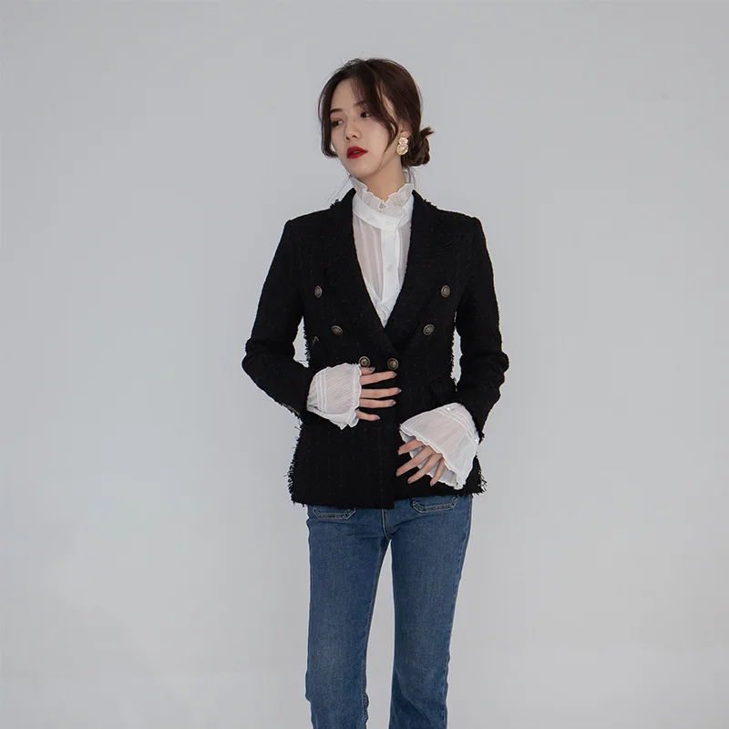 Women's Clothes Spring Retro Tweed Wool Trim Jacket Double Breasted Woman Clothes black Women Coat and Jackets 2019