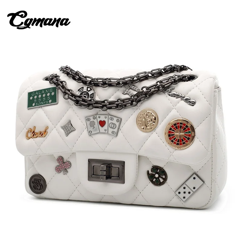 CGmana, женские сумки,, сумка на плечо, на цепочке, на ремне, значок, сумка-мессенджер, высокое качество, ромбовидная решетка, сумки, женские сумки через плечо - Цвет: White Small