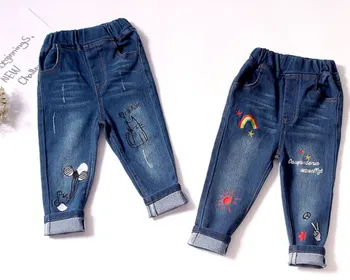 

Spring Autumn Girls Rainbow kitten Embroidered Jeans Pants Children Loose Pants Fashion Denim Pants Kids Trousers