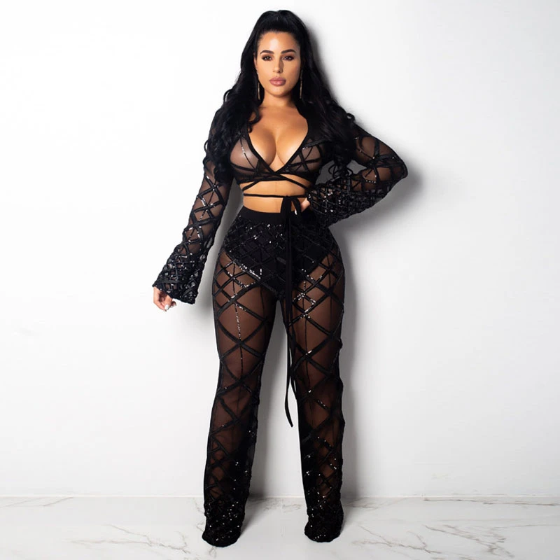 

Plus Size Women Two Piece Set Deep V-Neck Crop Top And Wide Leg Long Pant Women Two Piece Outfits Party Matching Sets Drop Ship