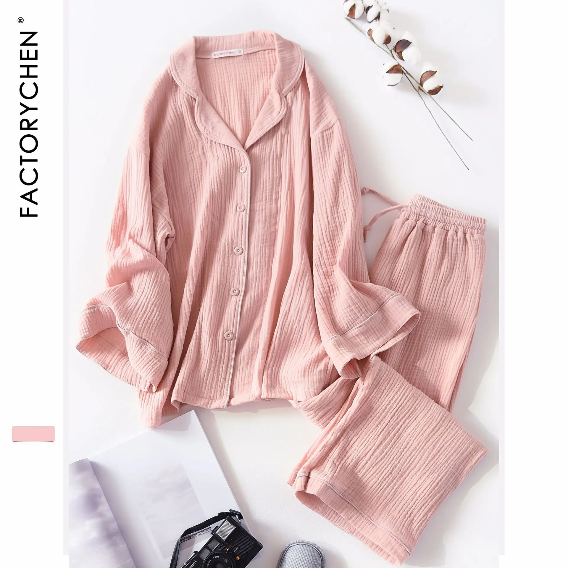 

New autumn Loose Lazy Soft Fold Cotton Lapel Suit Women Long Sleeve Sexy Pajamas Set Female Night Gown Home Sleepwear
