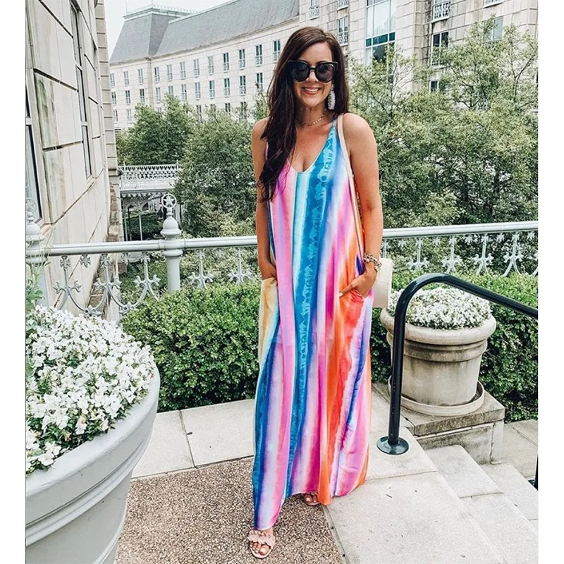 

Striped Woman Dress 2019 Spring Summer Spaghetti Strap Casual Boho Maxi Dresses Plus Size Sleeveless Vestido