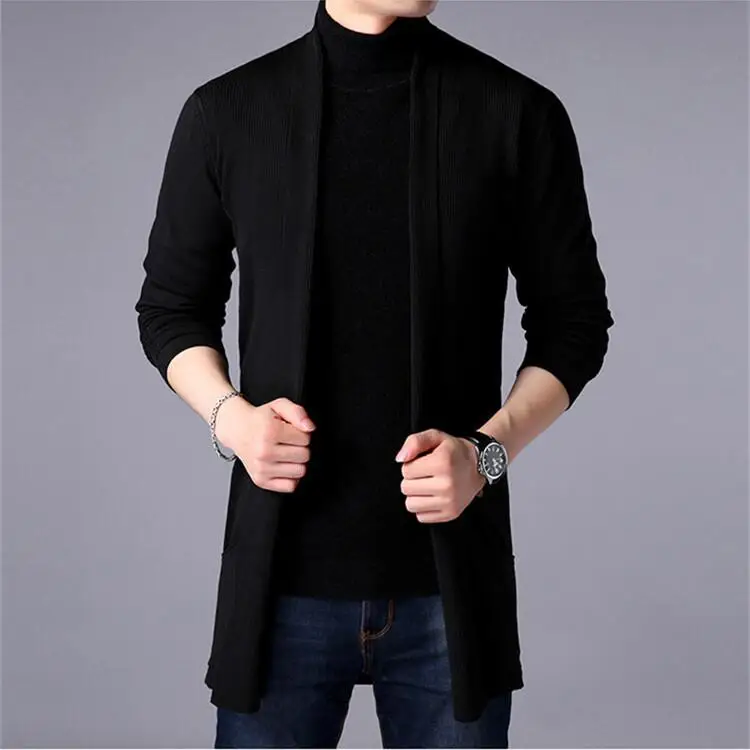 Мужская куртка осень и зима Повседневная с капюшоном сплошной цвет вязать ветровка Куртка Кардиган большого размера с длинным рукавом свитер куртка - Цвет: black