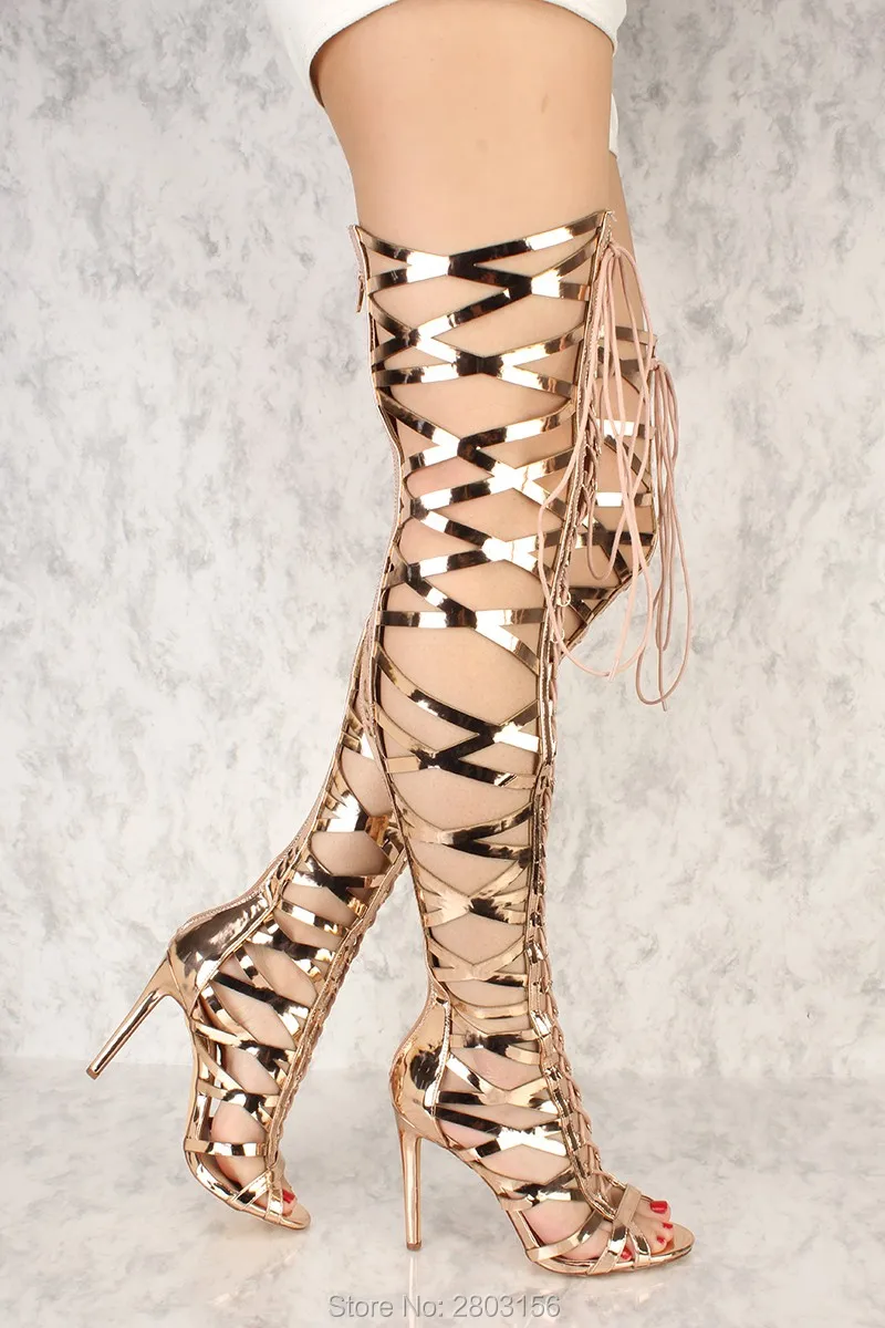 Gold Front Lace Up Gladiator Thigh High Boots -096 (2)