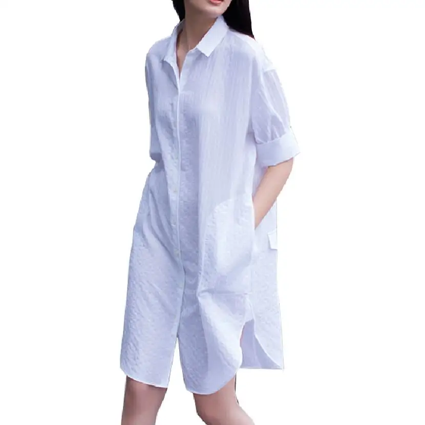 

S-4XL Oversize Blouse Female Casual Boyfriend Style Short Sleeve Pockets Dobby Big Size Long Tops Women Loose Long Shirts