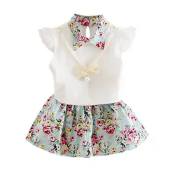 Детская одежда, комплект для маленьких девочек, топ без рукавов + синее платье с цветочным рисунком, короткие штаны, комплект из двух