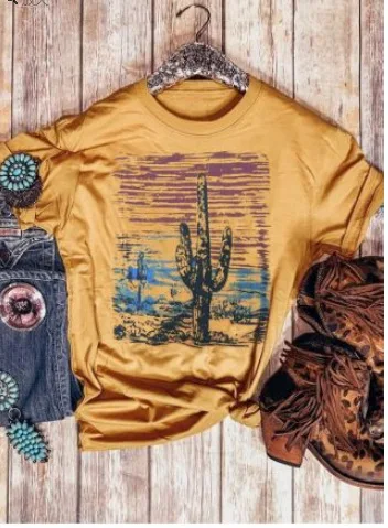 

2019 new women's round neck shirt Cactus sunset print short-sleeved T-shirt harajuku