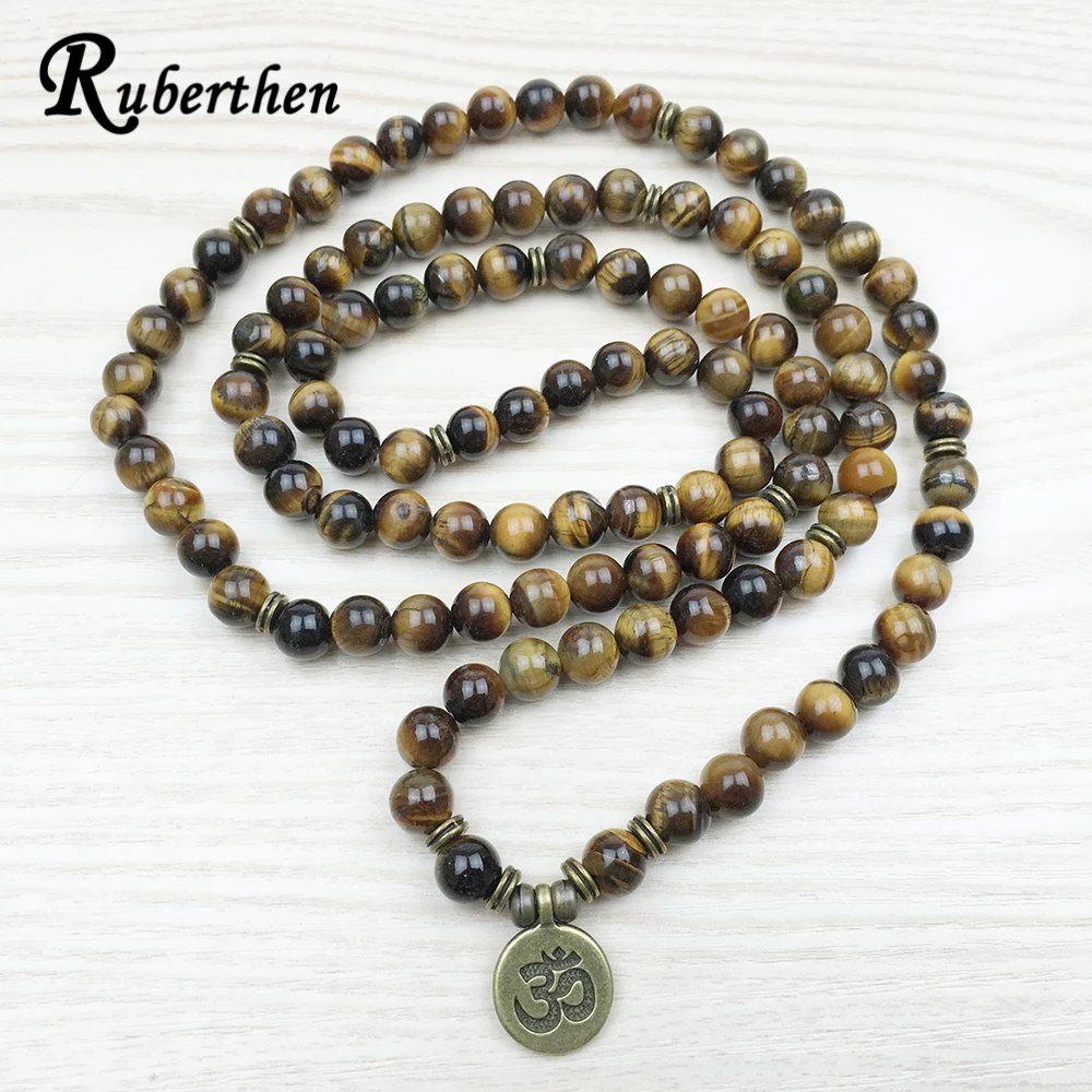 Ruberthen модный тигровый глаз 108 Мала Браслет Ом буддийский браслет или ожерелье высокое качество Yogi 4 обертывание натуральный камень браслет
