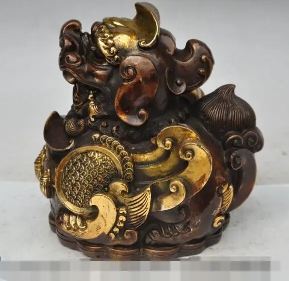 

S2725 8"chinese fengshui bronze gilt wealth money coin ingot Brave troops pixiu statue