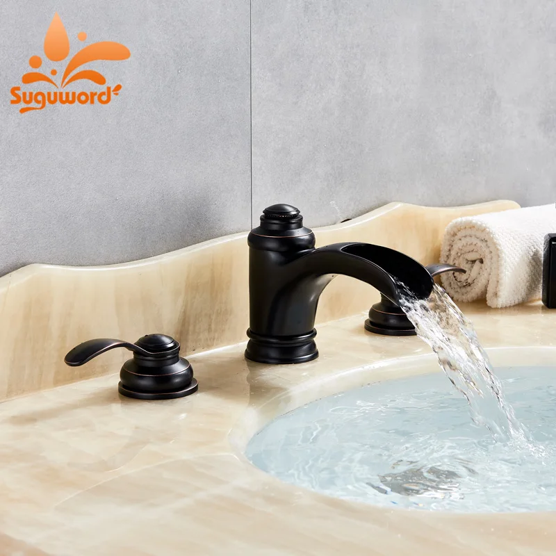 Suguword ORB Bathroom Sink Faucet Mixer Tap Hot and Cold Water Switch Dual Handle 3 Hole Widespread Install Waterfall Waterway |
