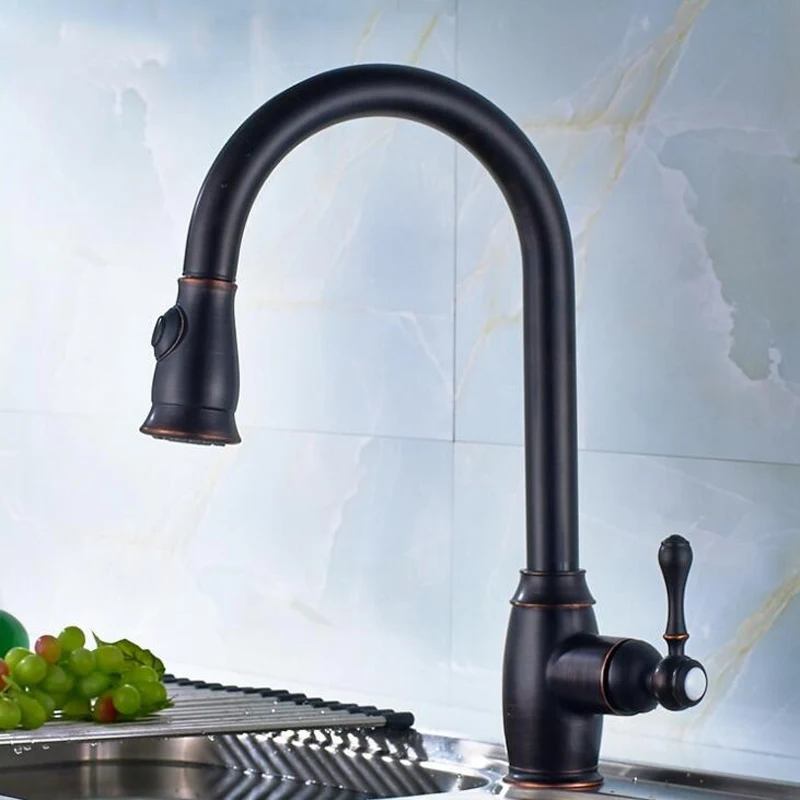 Brass Kitchen Sink Faucet Single Handle Brushed Pull Out Spray Mixer Tap Sink Faucet