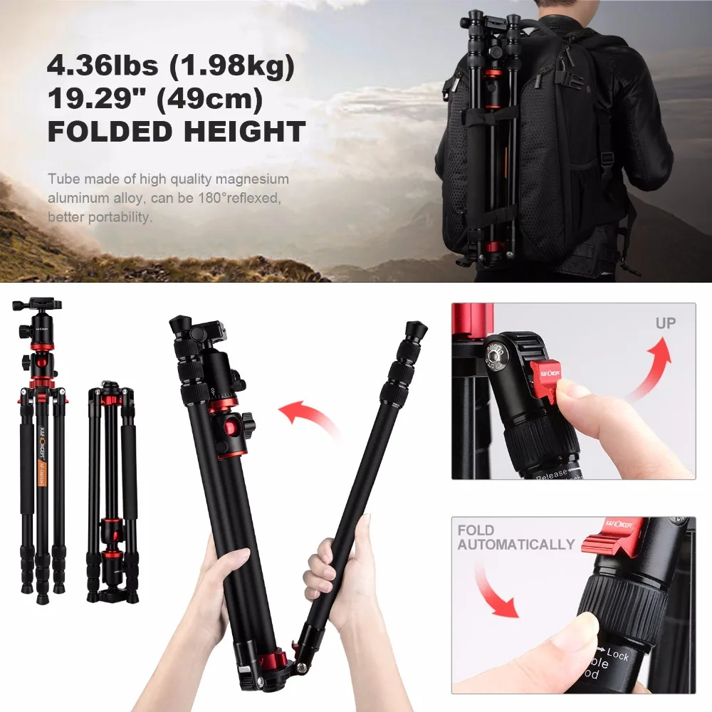 K&F CONCEPT Camera Tripod Professional 180' Foldable Lightweight Tripod with Ball Head and Carrying Bag for DSLR SLR Camera