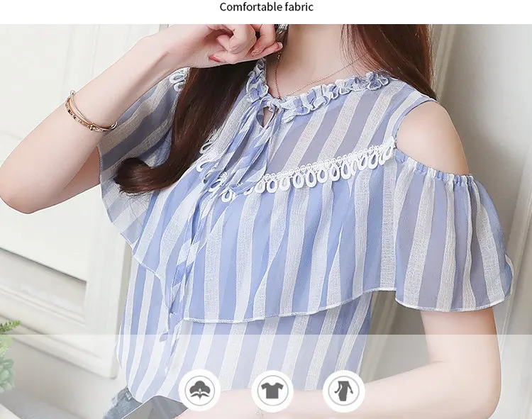 2018 New Women Chiffon Blouse Ruffled Striped Shirts Summer Open Shoulder Tops Blouses Women Fashion Bow Blusas Femininas Shirt (2)