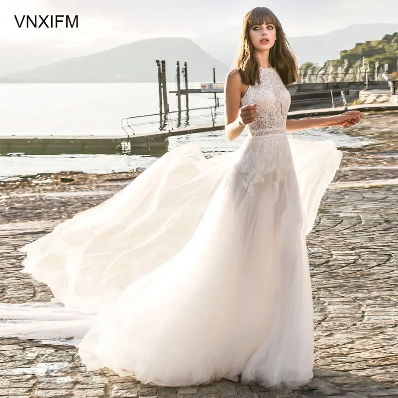 

VNXIFM 2019 New A-line Wedding Dresses Bateau Neck Lace Appliqued Sweep Train Bohemian Wedding Dress Backless Plus Size