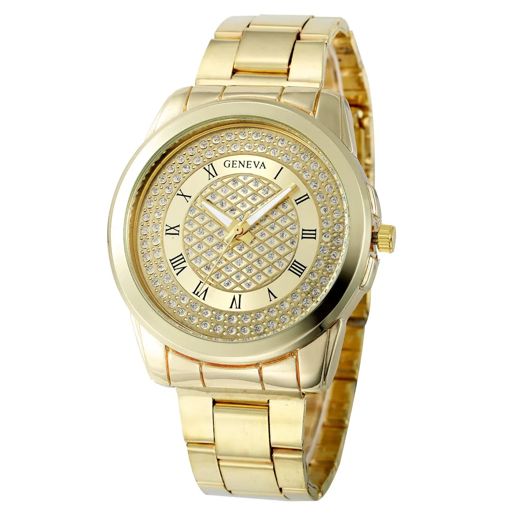 Luxury Brand Geneva Women Watches Stainless Steel Sports Watch Quartz Wrist Watch Ladies Dress Men's Gold Watch Wholesales - Цвет: as the picture shows