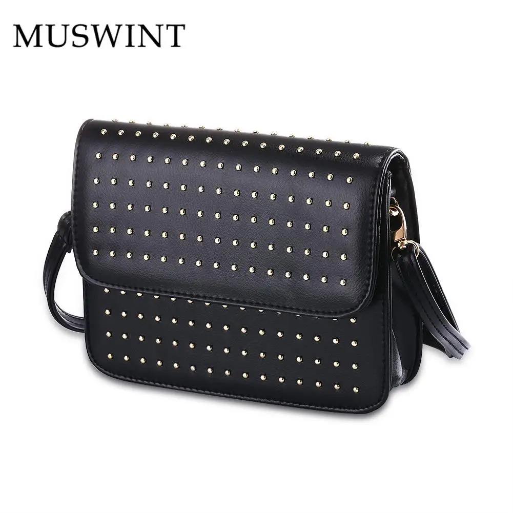 

MUSWINT New Brand Designer quality Genuine Leather Rivet Messenger Bag Ladies Solid Color Shoulder Bags Women Small Bag F011