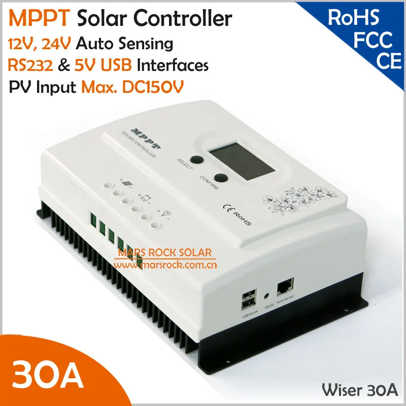 

Wiser 30A MPPT solar charge controller 12V/24V auto recognition Max. DC150V PV input with RS232 and 5V USB interfaces