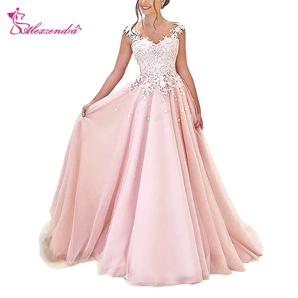 Alexzendra Pink Tulle Prom Dresses Scoop Neck Illusion