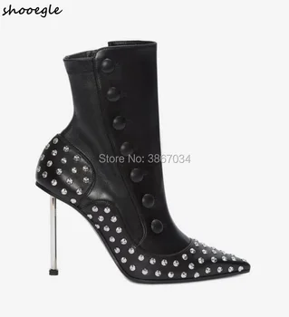

SHOOEGLE Women Black White Ankle Boots Button Embellished Booties Metal High Heels Pointed Toe Stilettos Fashion Runway Boots