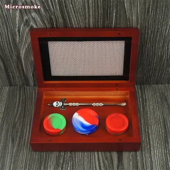 

In Exquisite wood and bamboo box package silicone jars dab wax container essential oil 17ml wood box for wax badge Metal pick