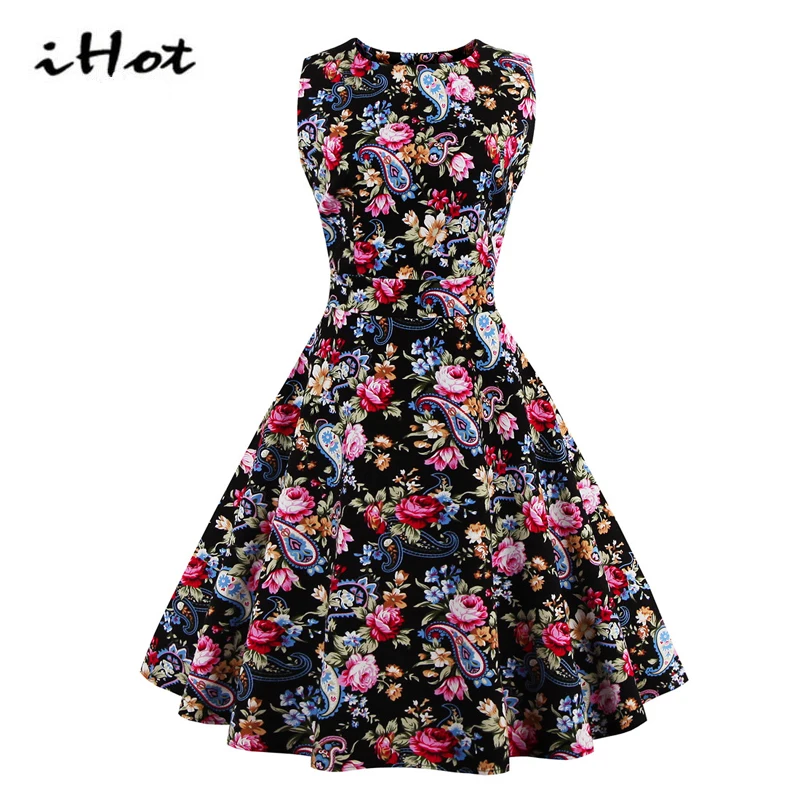 IHOT Women Summer Floral Print Retro Vintage 50s 60s Casual Party Rockabilly Pin up Dress Ladies