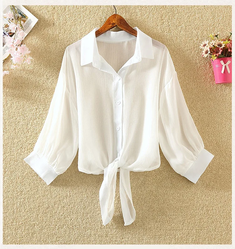 

2019 New Pure Short Chiffon Blouses Sunscreen Tie Knotted Shirt Shawl Women's Small Shirts Transparent Wear With Strap shirts
