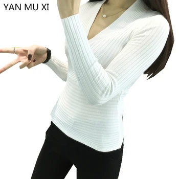 

Yanmuxi2017 Autumn Spring New Nightclubs Are Sexy Low-cut Women's Underwear Knitted Sweater Long Sleeve Cuffs Tight Sweater