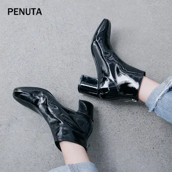 

2019 PENUTA Patent Leather Women High Boots Chunky High Heel Ladies Ankle Booties Shoes Square Toe Ladies Autumn Shoes PD917