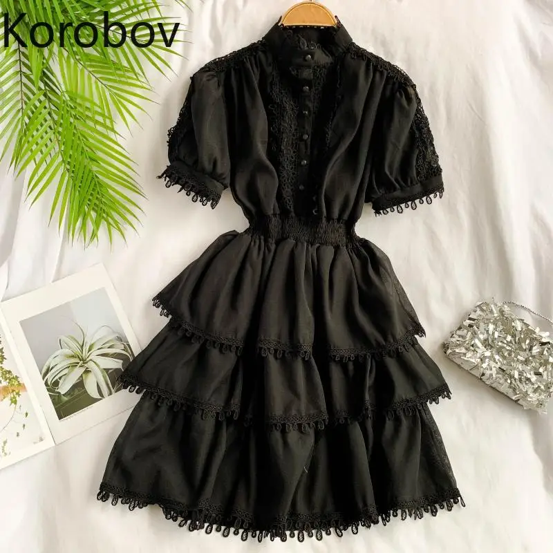 

Korobov Elelgant Stand Collar Vintage Vestidos High Waist Slim Puff Sleeve Dress Single Breasted Lace Black Robe Femme 77923